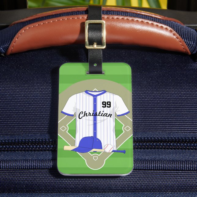 Personalised blue baseball luggage tag (Front Insitu 2)
