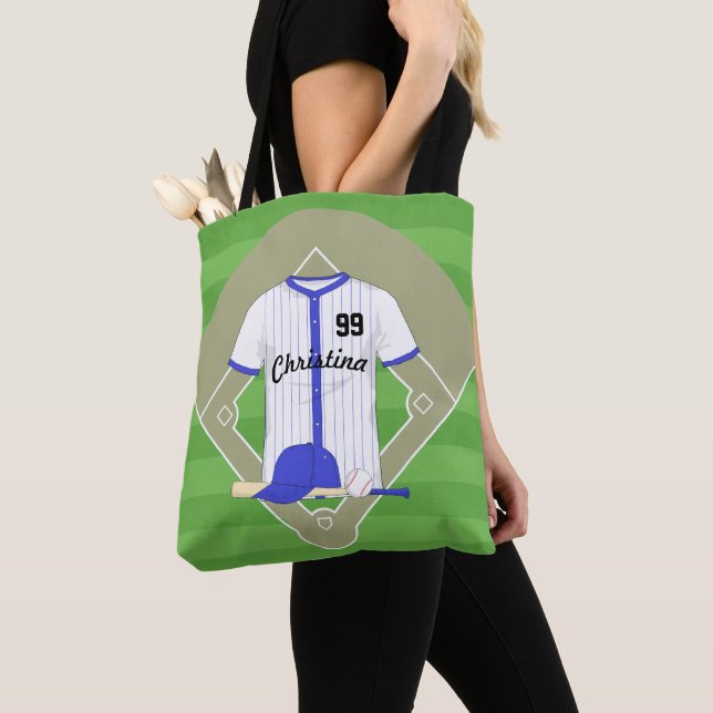 Personalised blue baseball tote bag (Close Up)