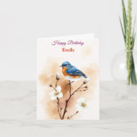 Personalised Blue Bird Flowers Watercolor birthday