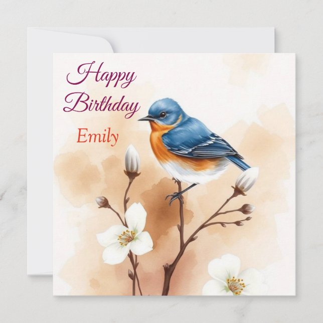 Personalised Blue Bird Flowers Watercolor birthday Card (Front)