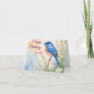 Personalised Blue Bird Flowers Watercolor birthday Card