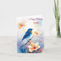 Personalised Blue Bird Flowers Watercolor birthday