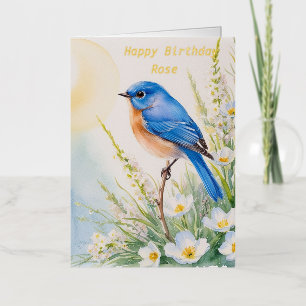 Personalised Blue Bird Flowers Watercolor birthday Foil Greeting Card