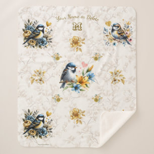 Personalised Blue Birds & Gold Floral Sherpa Blanket