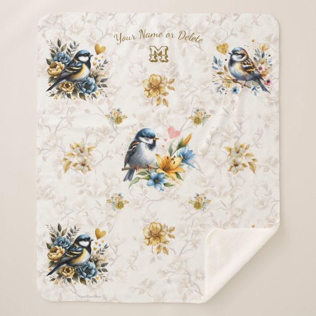 Personalised Blue Birds & Gold Floral Sherpa Blanket (Front)
