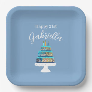 Personalised Blue Birthday Cake Paper Plate