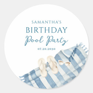 Personalised Blue Birthday Pool Party Classic Round Sticker