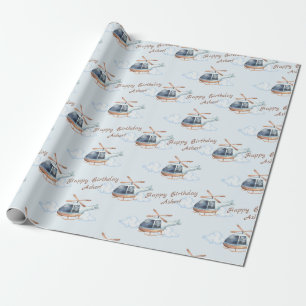 Personalised Blue Birthday Watercolor Helicopter Wrapping Paper