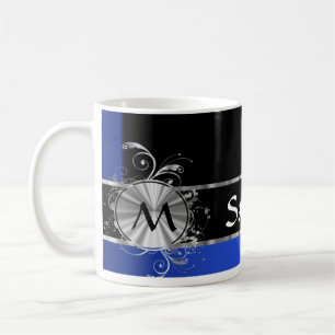 Personalised blue black and silver monogram coffee mug