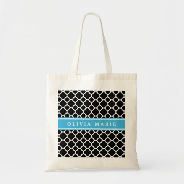 Personalised Blue Black Quatrefoil Pattern Tote Bag (Front)