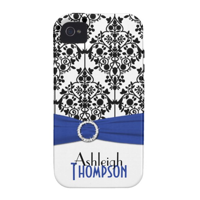 Personalised Blue, Black, White Damask Case-Mate iPhone Case (Back)