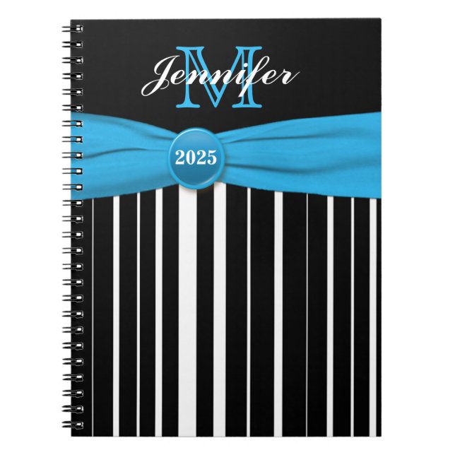 Personalised Blue Black White Striped Notebook (Front)