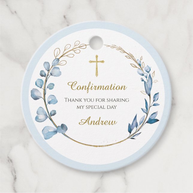 Personalised Blue Boho Confirmation  Favour Tags (Front)