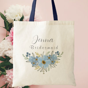 Personalised Blue Botanical Floral Bridesmaid  Tote Bag