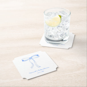 Personalised Blue Bow Baby Shower Watercolor Paper Coaster