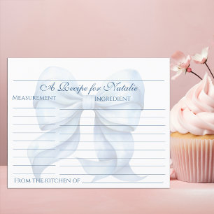 Personalised Blue Bow Bridal Shower Recipe Card