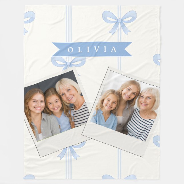 Personalised Blue Bow Coquette Name Aesthetic Fleece Blanket (Front)