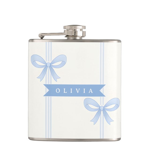 Personalised Blue Bow Coquette Name Aesthetic Hip Flask (Front)