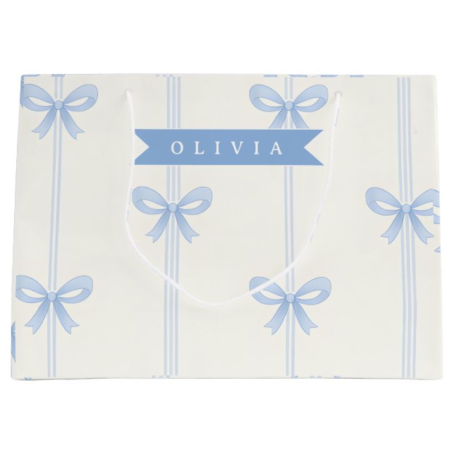 Personalised Blue Bow Coquette Name Aesthetic Large Gift Bag (Front)