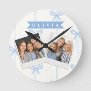 Personalised Blue Bow Coquette Name Aesthetic Round Clock