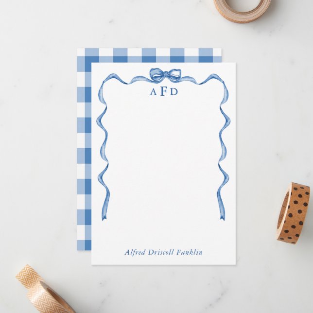 Personalised Blue Bow Gingham New Baby Stationery Card (Front/Back In Situ)