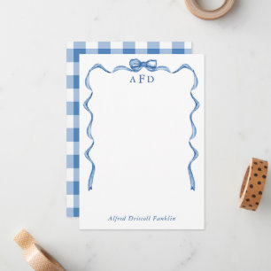 Personalised Blue Bow Gingham New Baby Stationery Card