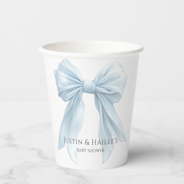 Personalised Blue Bow Girl Coquette Baby Shower Paper Cups (Front)
