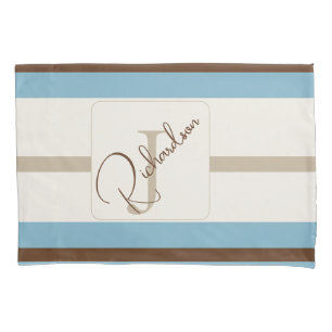 Personalised Blue Brown Stripe Monogram Coastal Pillowcase