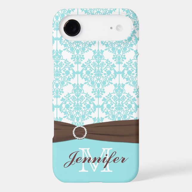 Personalised Blue, Brown, White Damask iPhone 4 Case-Mate iPhone Case (Back)