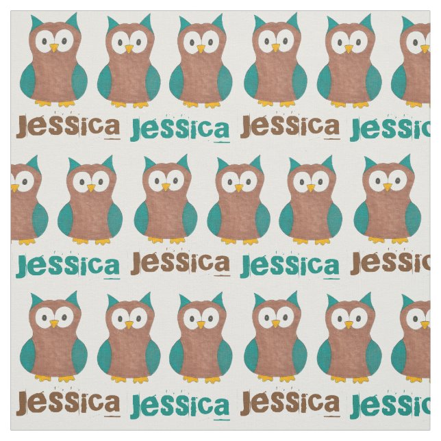 Personalised Blue Brown Wise Old Owl Bird Print Fabric (Swatch)