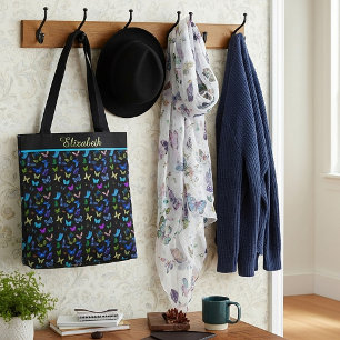Personalised Blue butterflies on black Tote Bag