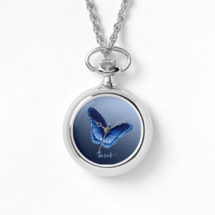Personalised Blue Butterfly Necklace Watch