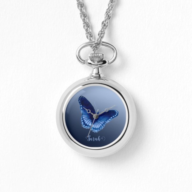 Personalised Blue Butterfly Necklace Watch (Front)