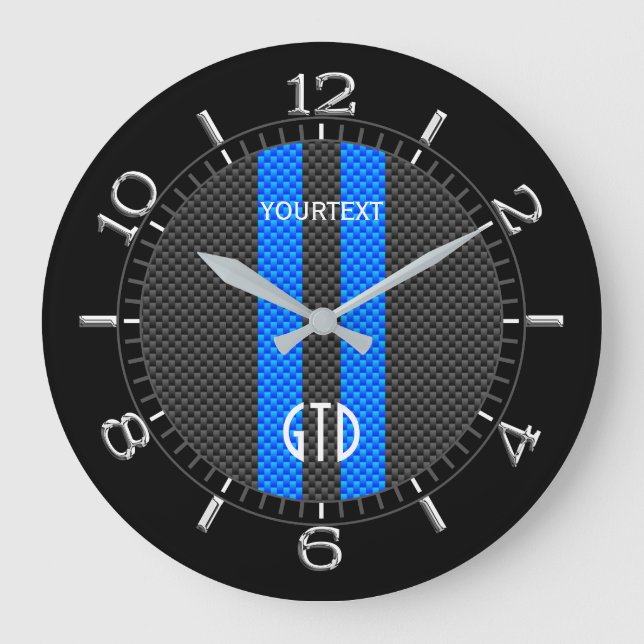 Personalised Blue Carbon Style Racing Stripes on a Large Clock (Front)