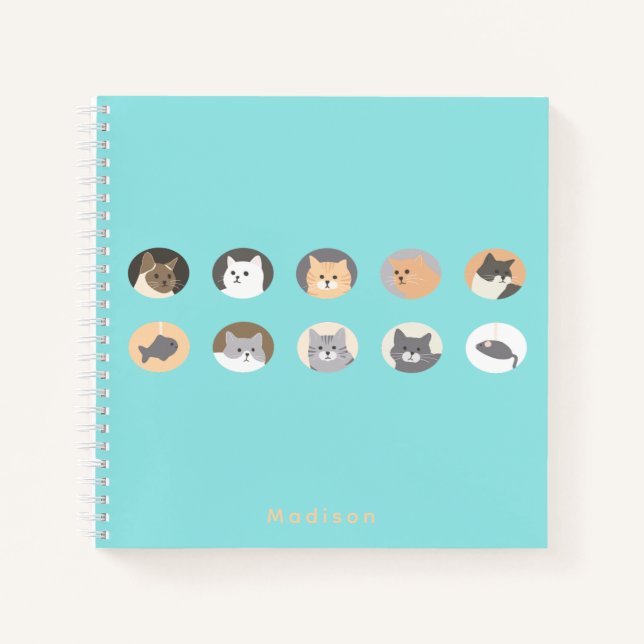 Personalised Blue Cat Faces Spiral Notebook (Front)