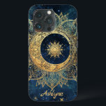 Personalised Blue Celestial Gold Sun Moon Mandala  iPhone 13 Pro Case<br><div class="desc">Personalised Blue Celestial Gold Sun Moon Mandala iPhone 13 Case Add your name or the name of the person you are gifting to this gorgeous phone case! This trendy navy blue, backdrop watercolor design features a metallic gold mandala in the shape of a flower style sun with a small sun...</div>