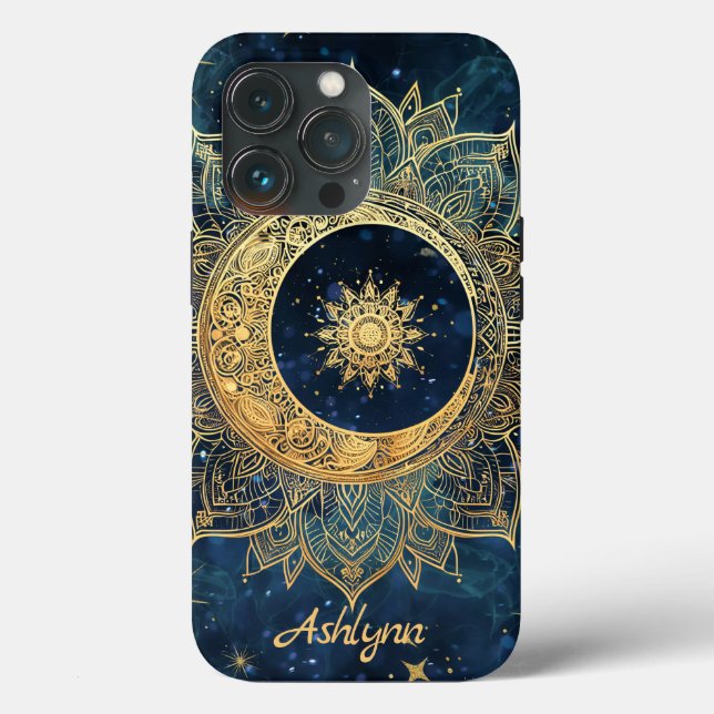 Personalised Blue Celestial Gold Sun Moon Mandala  Case-Mate iPhone Case (Back)