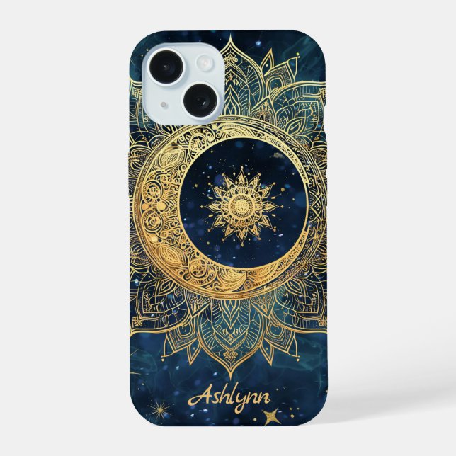 Personalised Blue Celestial Gold Sun Moon Mandala  iPhone 15 Case (Back)