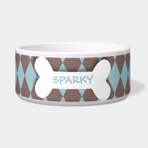 Personalised blue chequered dog bone pet food bowl