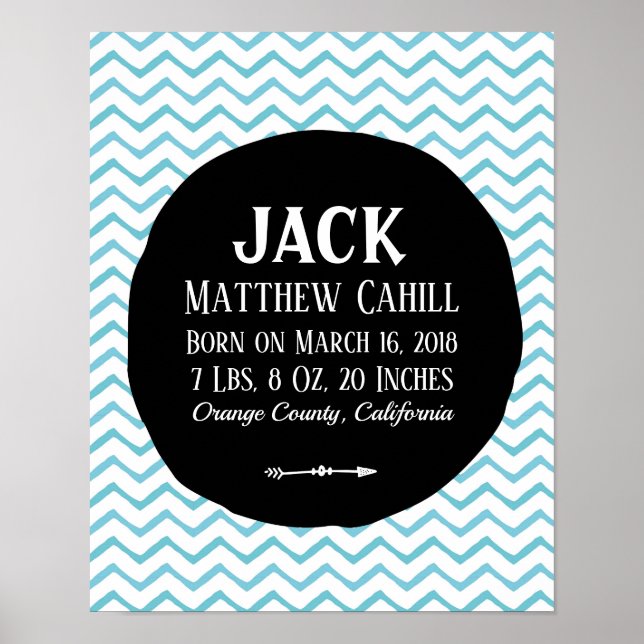 Personalised blue chevron birth poster print (Front)