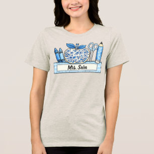 Personalised Blue Chinoiserie Custom Teacher Gift Tri-Blend Shirt