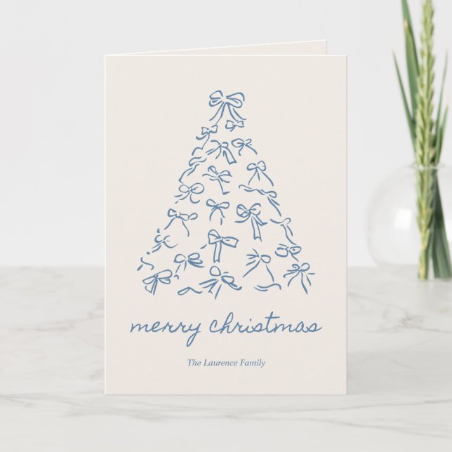 Personalised Blue Christmas Tree Doodle Bow Folded Holiday Card (Front)