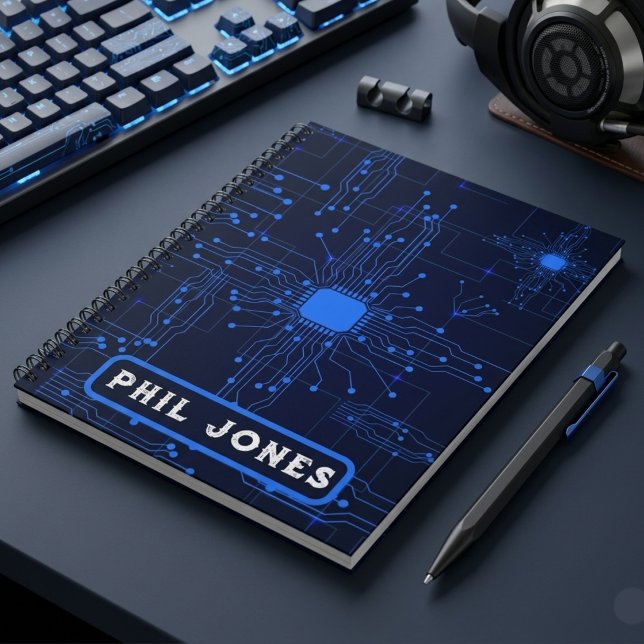 Personalised Blue Circuit Board Tech Geek Notebook (Personalized Blue Circuit Board Tech Geek Notebook)