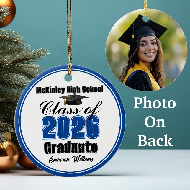 Personalised Blue Class of 2026 Graduation Photo Ceramic Ornament (Creator Uploaded)
