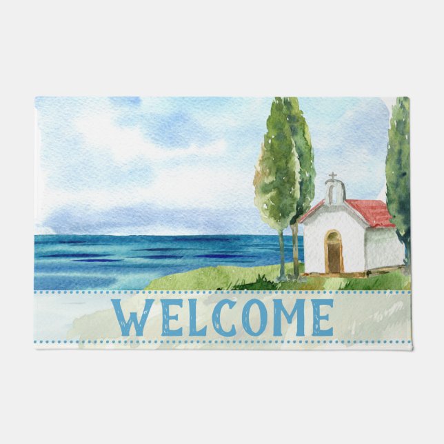 Personalised Blue Coastal Ocean Beach Church Doormat (Front)