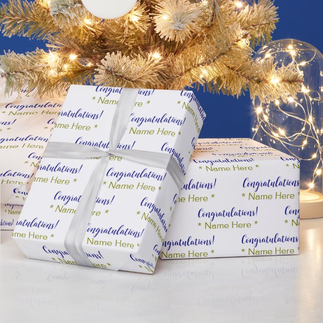Personalised Blue Congratulations Gold Name, White Wrapping Paper (Holidays)