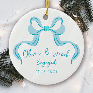 Personalised Blue Coquette Bow Photo Engaged Ceramic Ornament