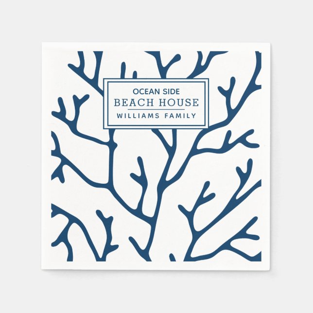 Personalised Blue Coral Pattern - Beach House Napkin (Front)