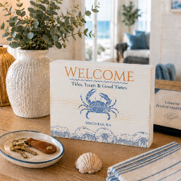 Personalised Blue Crab Welcome Wooden Box Sign