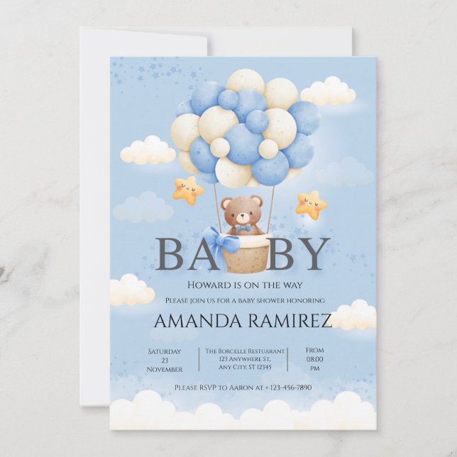 Personalised Blue & Cream Elephant Baby Shower Invitation (Front)